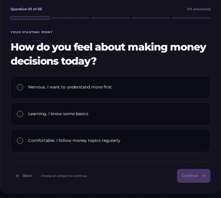 Preview of the existing Investor Type Quiz interface in dark mode