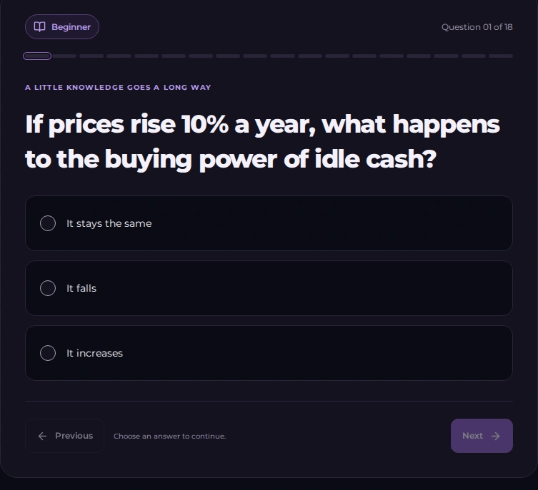 Preview of the existing Knowledge Quiz interface in dark mode