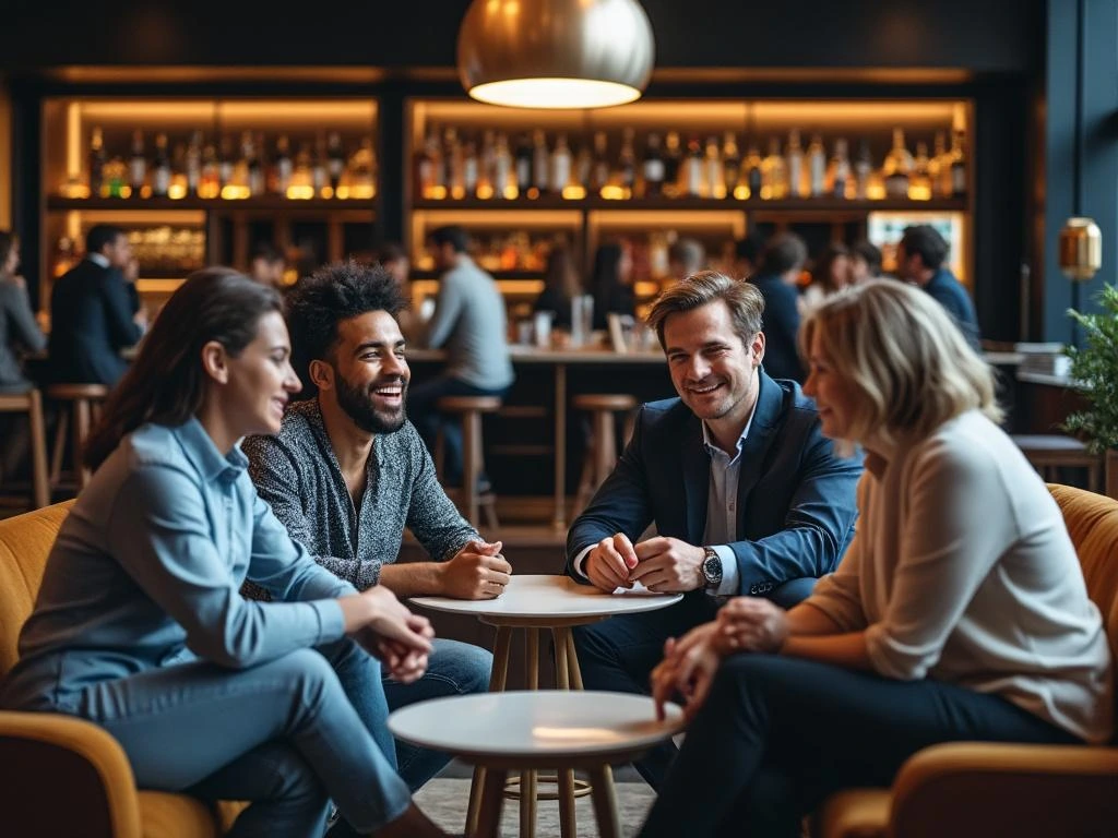 People enjoying an informal conversation in a warm lounge