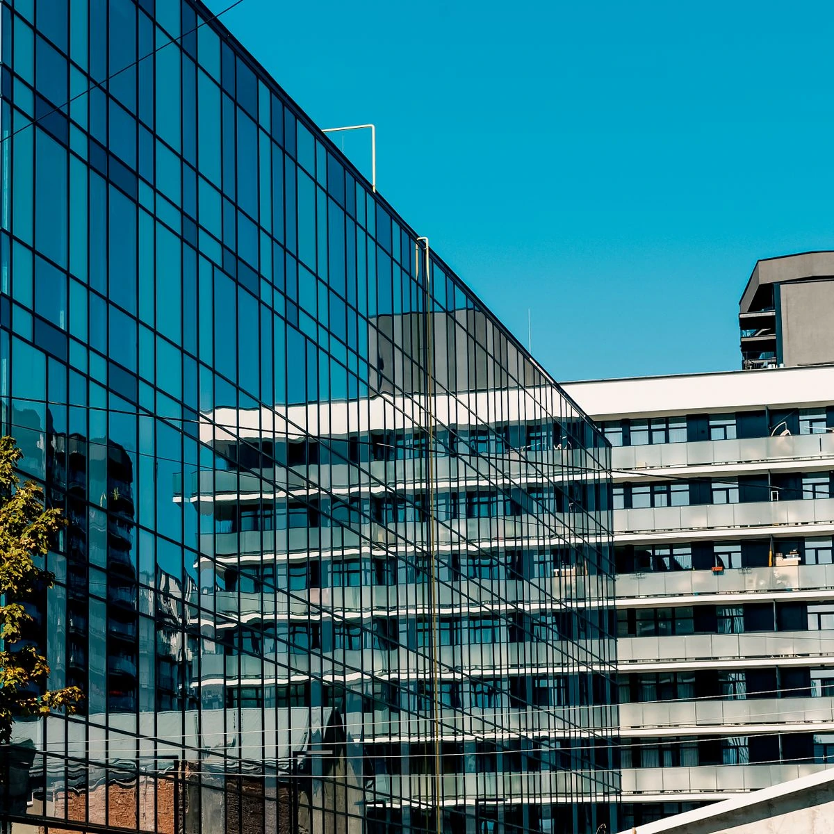 Contemporary buildings with reflective glass façades